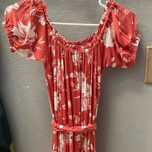 Floral Red /Rust Dress with Puff Sleeves